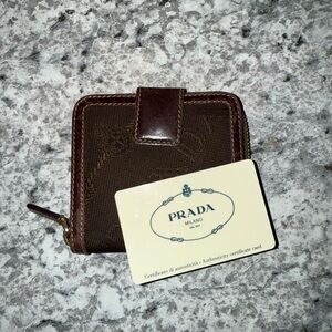 Prada Brown Logo Jacquard And Leather Compact Wallet